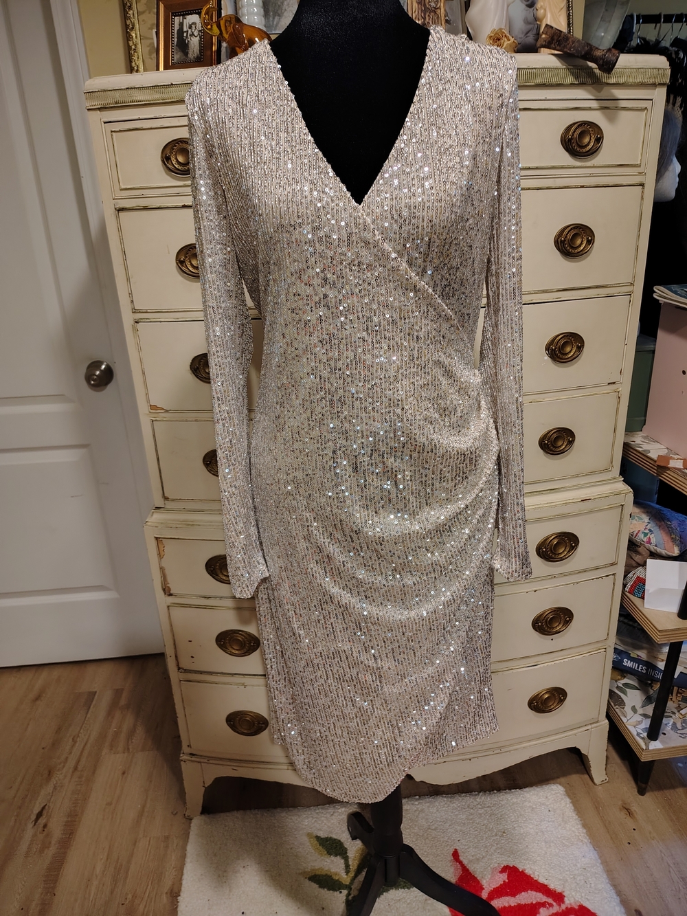 Express Silver Sequin Wrap-Style Long Sleeve Dress